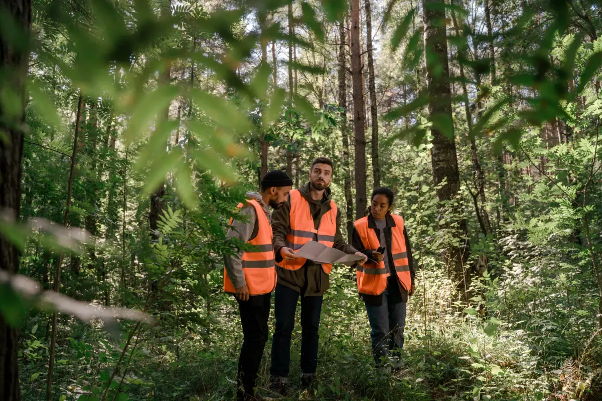 Three adults in safety vests examining a map in a lush forest setting, emphasizing teamwork.