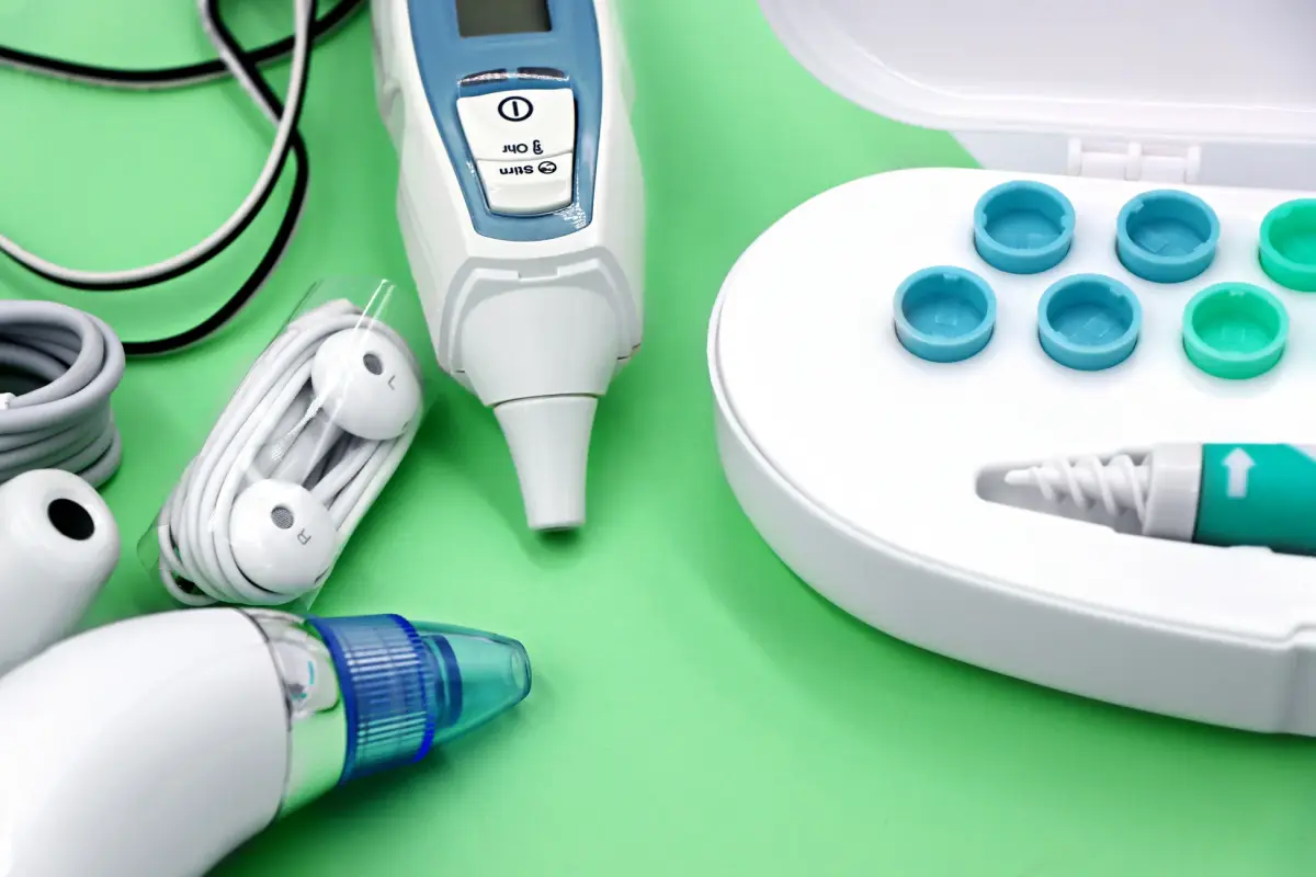 A variety of ear care devices including ear buds, medical instruments, and cleaning tools.