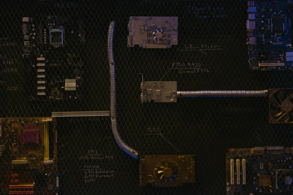 Artistic arrangement of circuit boards and cables symbolizes modern technology.
