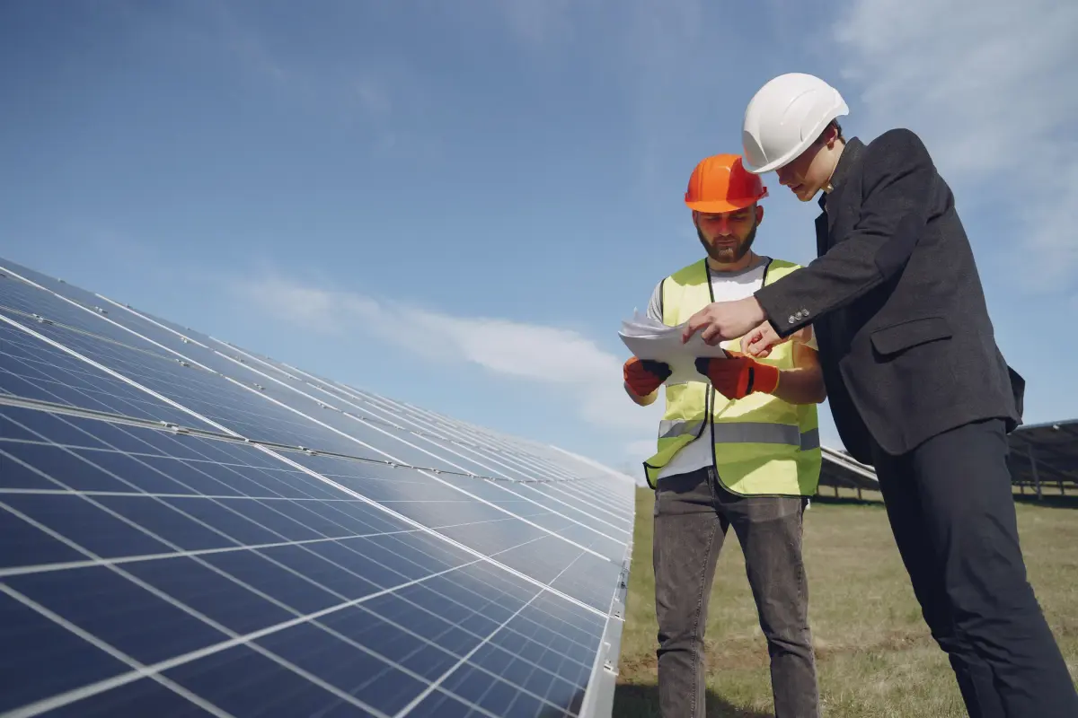 Modern bir ofiste yenilenebilir enerji projesini gösteren iş görüşmesi