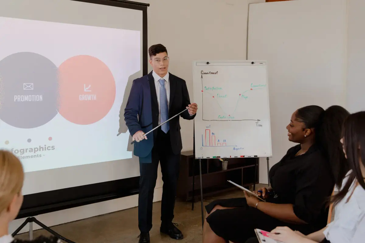 Young professional presents growth strategy using charts and graphs in a meeting.